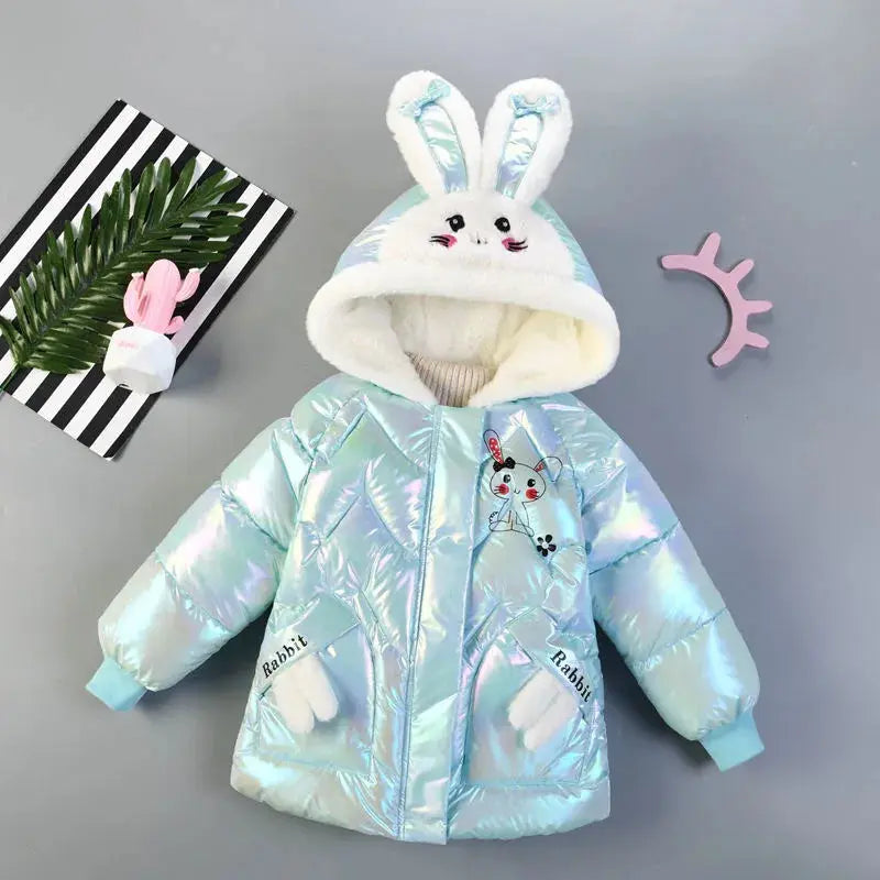 2025 Winter Jacket For Girls Coat Cute Rabbit Ears Waterproof Shiny Hooded Children Outerwear 1-6 Year Baby Kids Parkas Snowsuit Trikidsworld