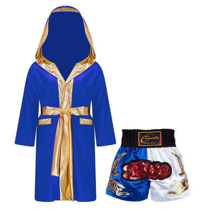 Kids Boys Boxing Outfit Halloween Cosplay Costume Long Sleeve Open Front Robe Satin Hooded Cloak with Belt Shorts Roleplay Sets Trikidsworld