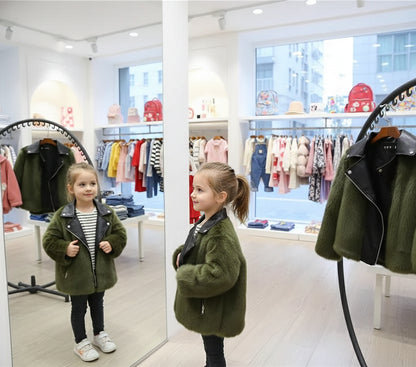 Kids Faux Fox Fur Jacket Short Thickened Biker Coat Leather & Fur Blend Outerwear for Boys Girls Trikidsworld