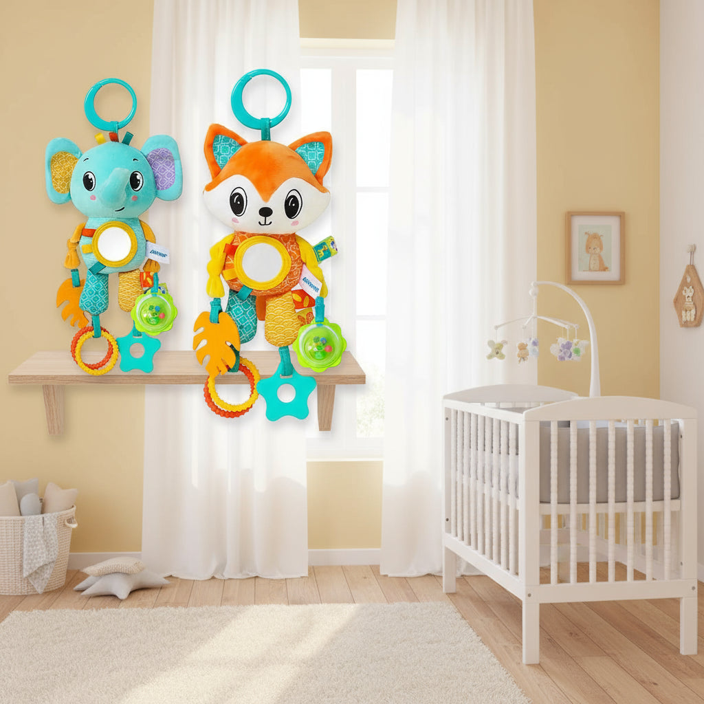 Soft Hanging Crinkle Squeaky Sensory LearningToy Stroller Car Seat Crib Travel Plush Animal Wind Chime with Teether Boys Girls Trikidsworld