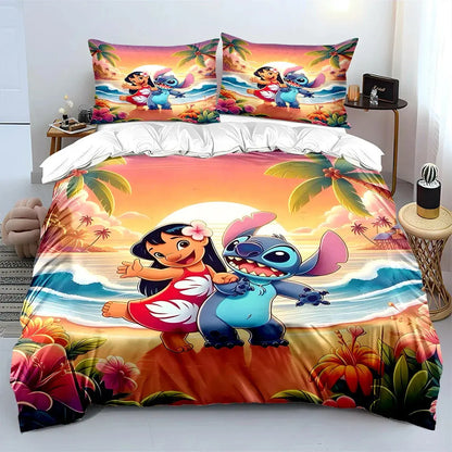 MINISO Disney Stitch Print Bedding Set Children 3 Pieces King Size Bed Set Pillowcase Adult Child Bed Cover Bedroom for Gifts Trikidsworld