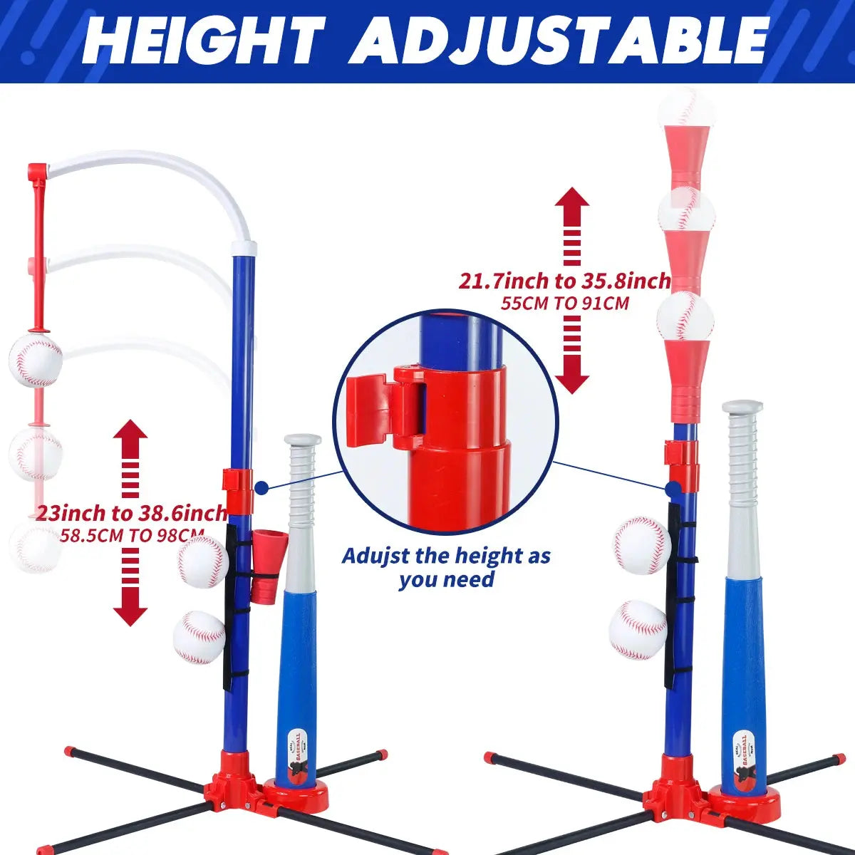 3-in-1 Kids Baseball Toy Set with Hanging Ball Stand/Standing T-Ball/Auto Launcher, Adjustable Height Toddler Baseball Set Trikidsworld