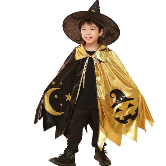 Kids Halloween Unisex Witch Cosplay Cloak + Witch Hat 2 Piece Costume Carnival Party Fancy Gold Black Color Blocking Dress Cape Trikidsworld