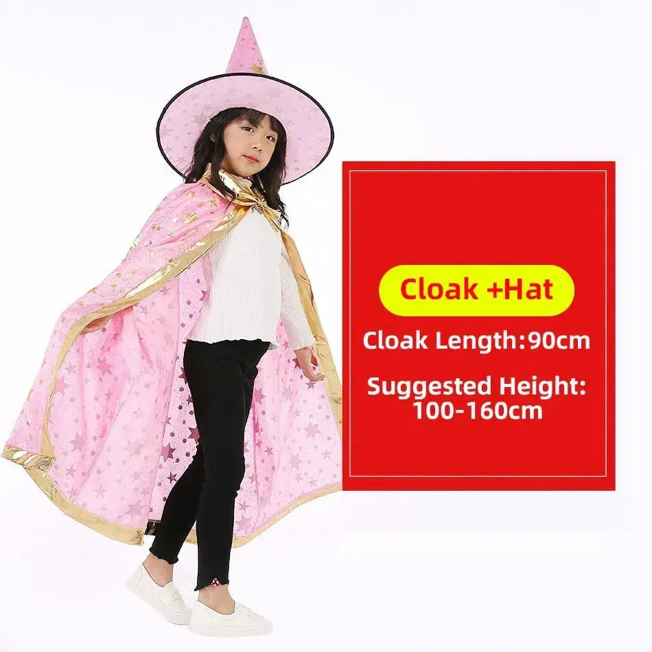 Children Halloween Cloak with Witch Hat Teens Christmas Costume Kids Star Party Robe Boy Girl Birthday Lace Up Photography Props Trikidsworld