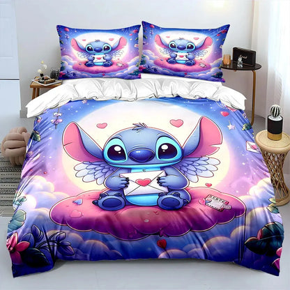 MINISO Disney Stitch Print Bedding Set Children 3 Pieces King Size Bed Set Pillowcase Adult Child Bed Cover Bedroom for Gifts Trikidsworld