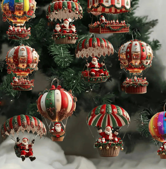 12Pcs Christmas Wooden Hot Air Balloon Santa Claus 2D Flat Wooden Pendant Christmas Tree Decoration Perfect Holiday Gift Decor Trikidsworld