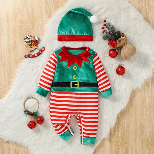 2Pcs Christmas Baby unisex Jumpsuit Newborn Cute  Striped Clothes Autumn Winter Boys Girls Round Neck Long Sleeve Bodysuit+Hat Trikidsworld