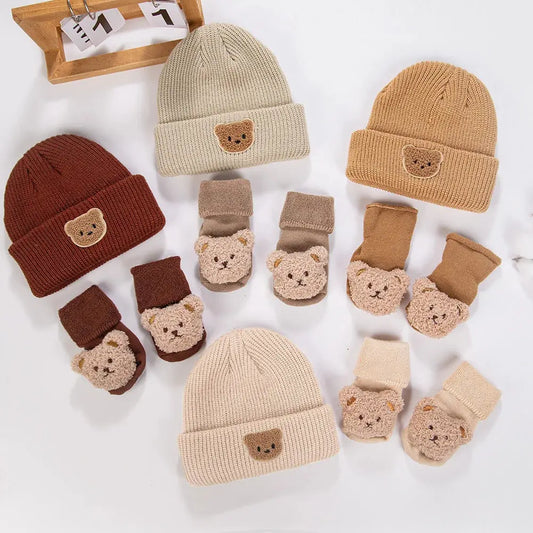 2Pcs Solid Knitted Beanies&Bear Plush Cartoon Thicken Short Socks Set Fall Winter Turban Hats Infant Boys Girls 0-12M Stockings Trikidsworld