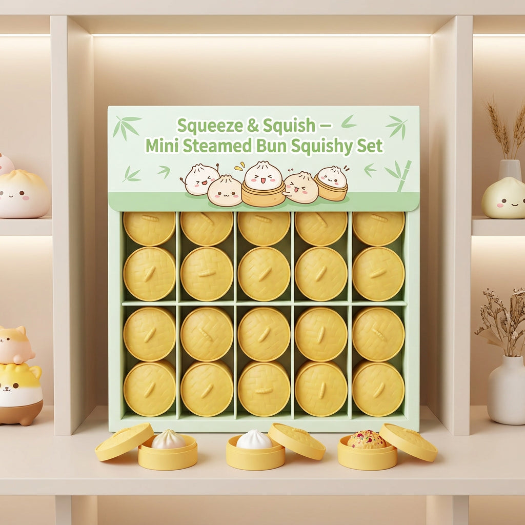 Mini steamed bun squishy set in a gift box with yellow steamer baskets