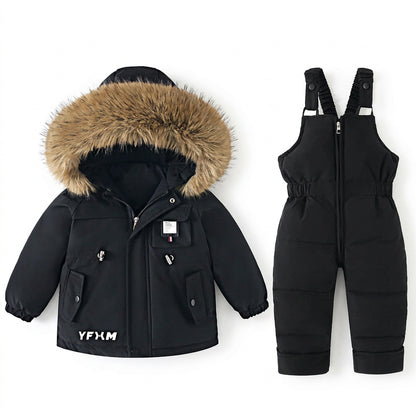 Kids' Winter Snowsuit Set with Faux Fur Hood – Jacket & Overalls