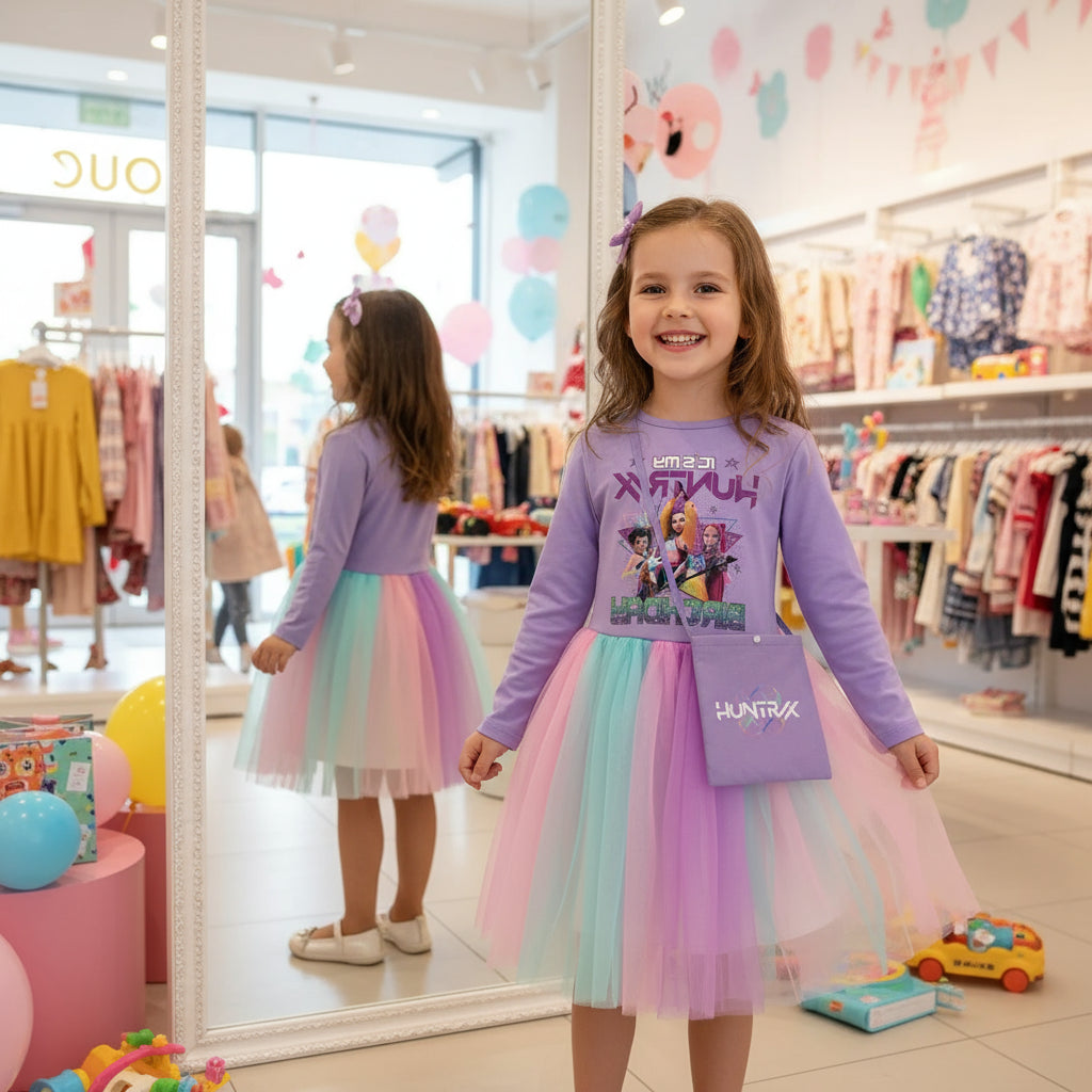 KPop Demon Hunters Kids Clothes Long Slevess Dresses Cotton Rainbow Full Dress Teen Fashion Girl's Clothing Party Clothes 5001 Trikidsworld