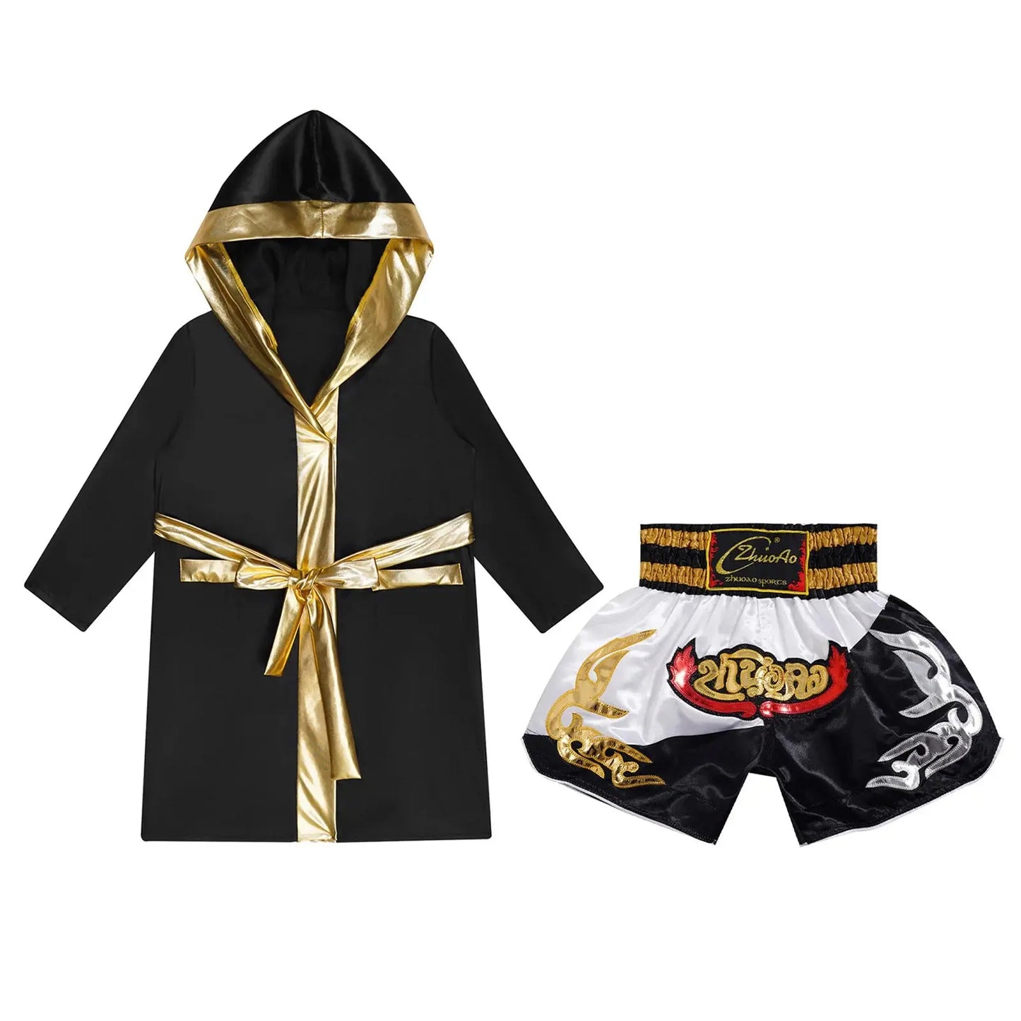 Kids Boys Boxing Outfit Halloween Cosplay Costume Long Sleeve Open Front Robe Satin Hooded Cloak with Belt Shorts Roleplay Sets Trikidsworld