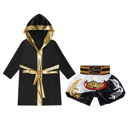 Kids Boys Boxing Outfit Halloween Cosplay Costume Long Sleeve Open Front Robe Satin Hooded Cloak with Belt Shorts Roleplay Sets Trikidsworld