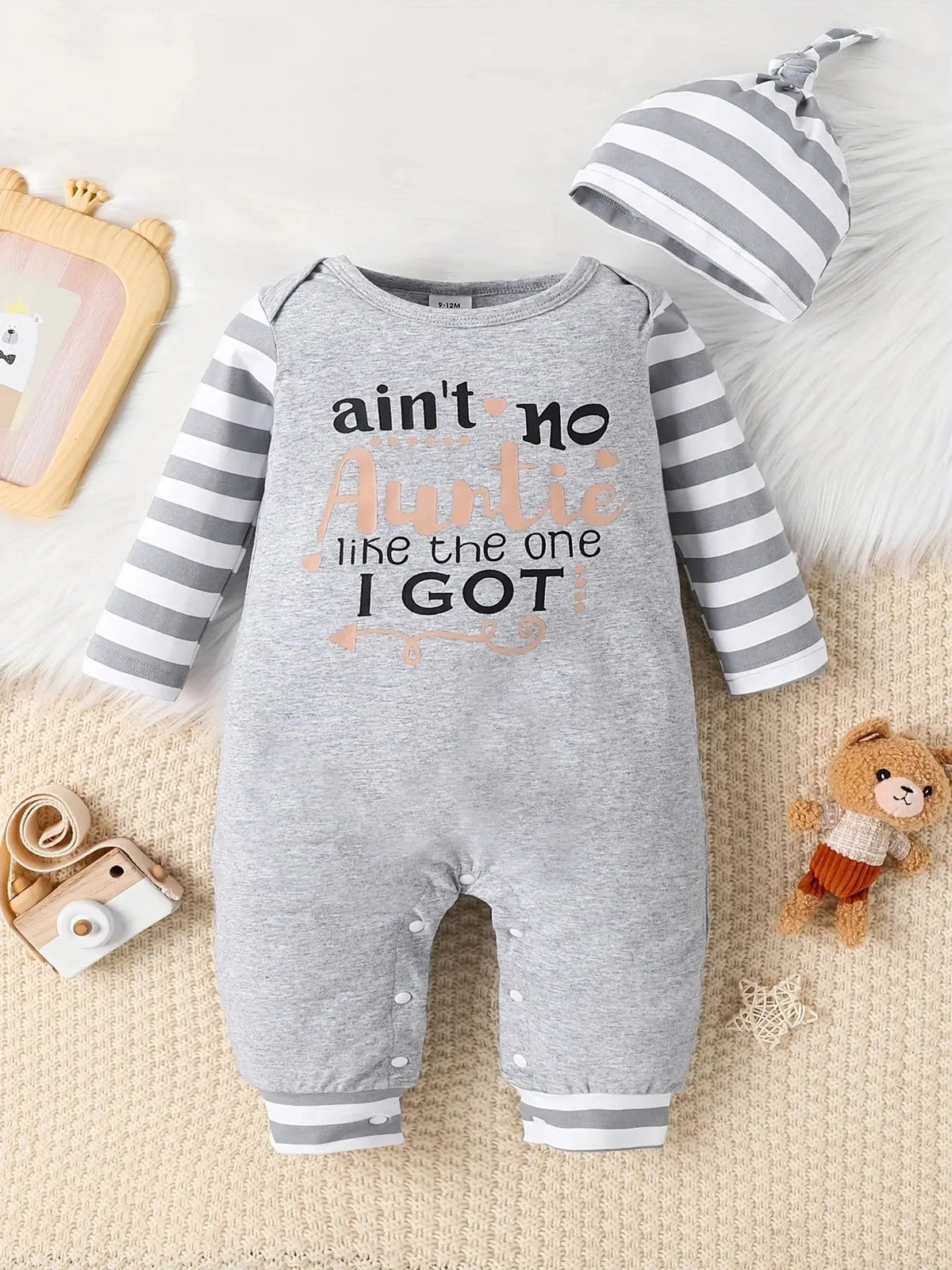 0-18 Months Spring Autumn Baby Boys And Girls Christmas Day Style Monogram Print Panels Striped Long Sleeve Climbing Suit Trikidsworld