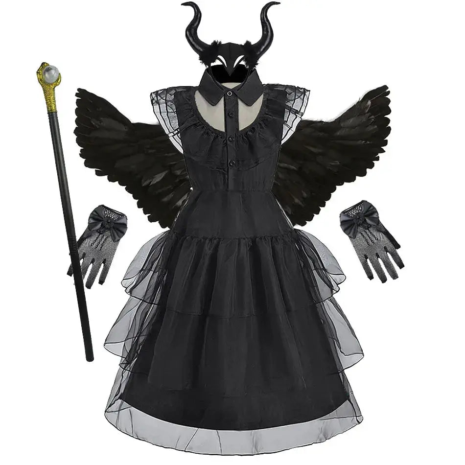 Kids Halloween Cosplay Costume Girls Fairy Witch Party Dress with Wing Children Green Black Carnival Christmas Birthday Clothes Trikidsworld