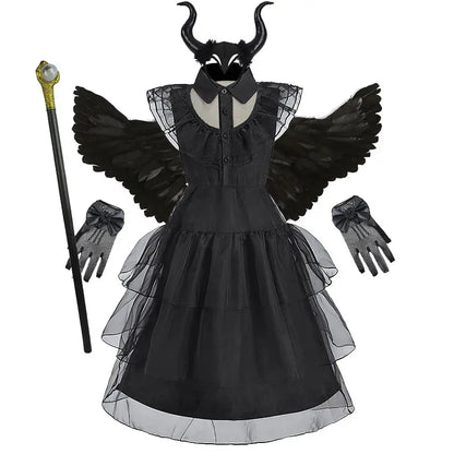 Kids Halloween Cosplay Costume Girls Fairy Witch Party Dress with Wing Children Green Black Carnival Christmas Birthday Clothes Trikidsworld
