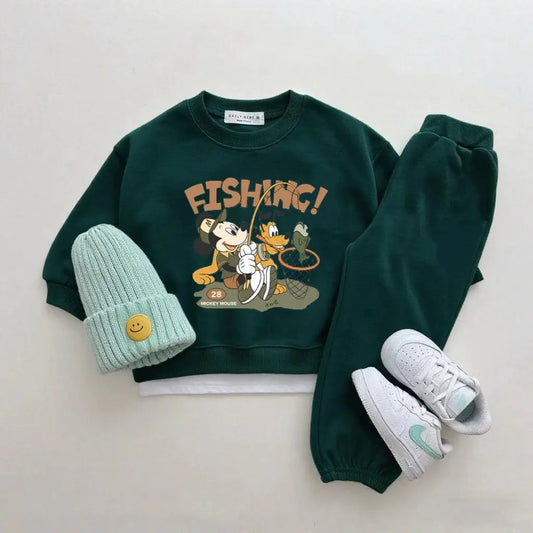 Boys Trendy Wear Long-sleeved Tracksuits Children 2026 Costume Mickey Mouse Tops Green Sweatpants New Two Piece Baby Clothing Trikidsworld