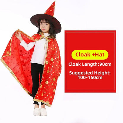Children Halloween Cloak with Witch Hat Teens Christmas Costume Kids Star Party Robe Boy Girl Birthday Lace Up Photography Props Trikidsworld
