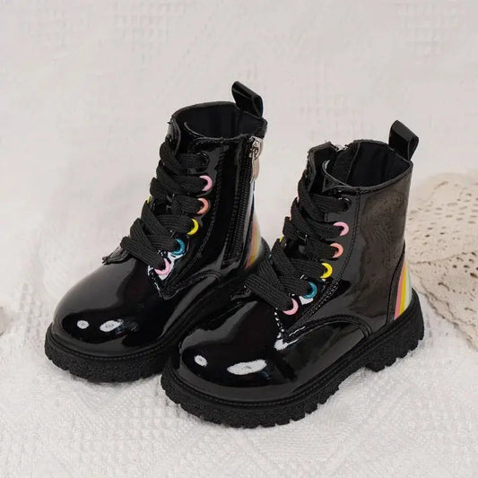 Kids Fashion Boots for Boys Girls 2024 Autumn Winter New Rainbow Color Rubber Boots Zipper Children Ankle Boots Black Glossy Hot Trikidsworld