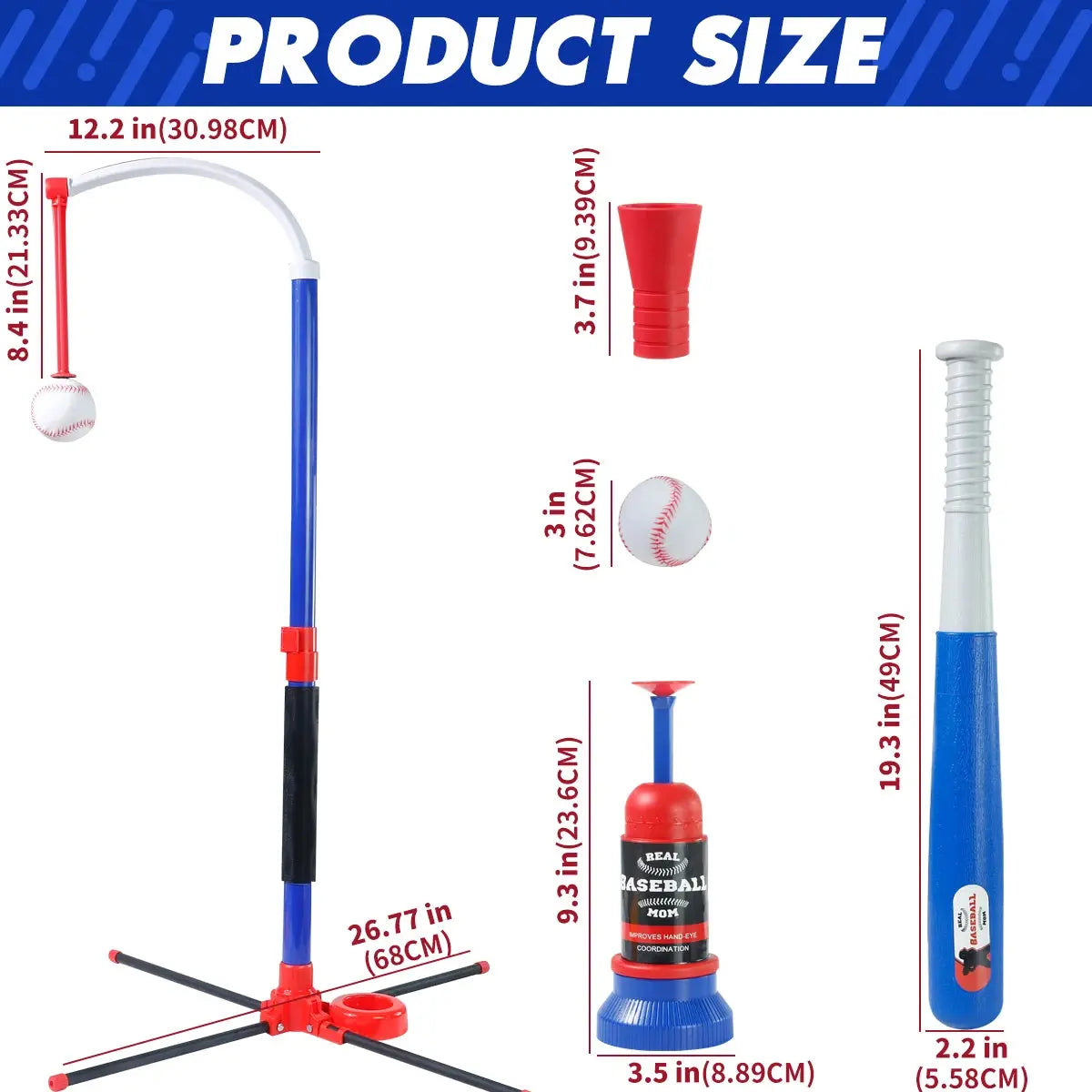 3-in-1 Kids Baseball Toy Set with Hanging Ball Stand/Standing T-Ball/Auto Launcher, Adjustable Height Toddler Baseball Set Trikidsworld