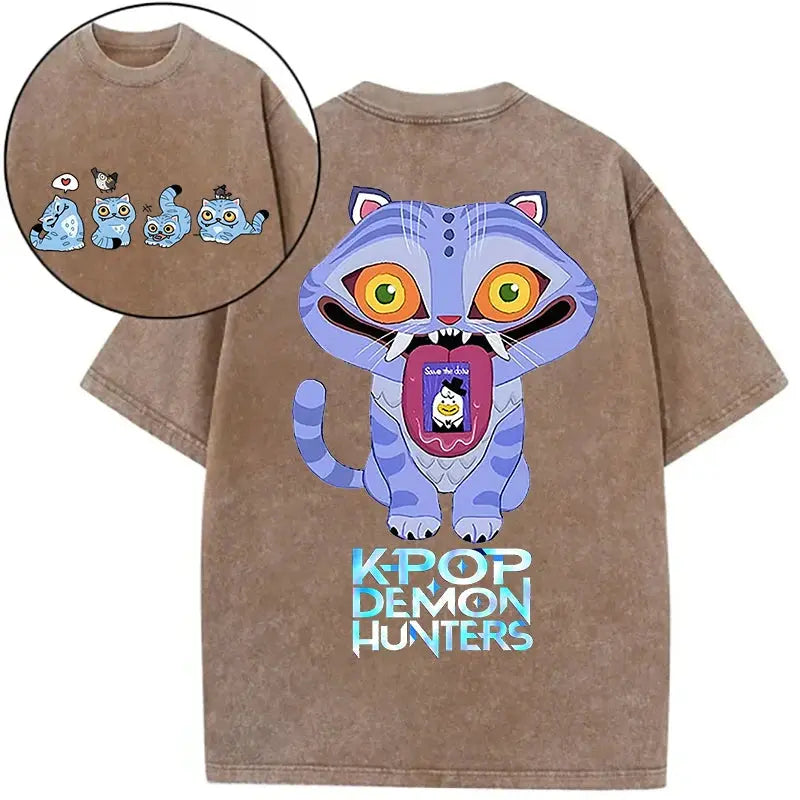 Derpy Tiger Kpop Demon Hunters Shirts for Women Cartoon Anime Washed Cotton Tee K-Pop Demon Hunters Tiger Harajuku T-shirt Tops Trikidsworld