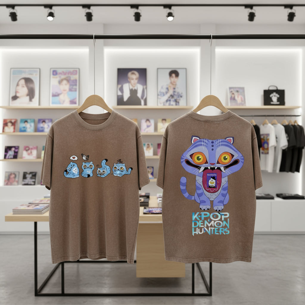 Derpy Tiger Kpop Demon Hunters Shirts for Women Cartoon Anime Washed Cotton Tee K-Pop Demon Hunters Tiger Harajuku T-shirt Tops Trikidsworld