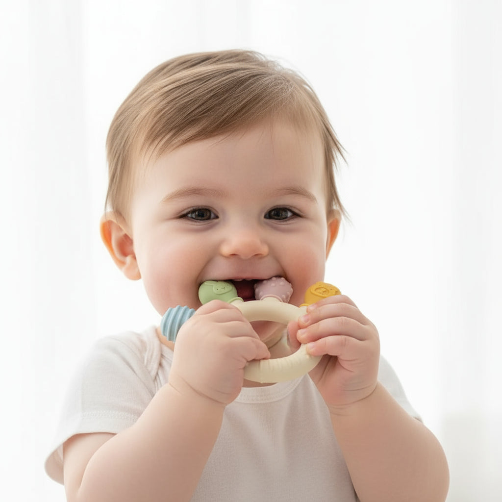 New hand multicolor Silicone Baby Ring Teether Anxiety Teething Toys 0-12 Months Chew Beads Sensory Gum Relief Soother Baby Trikidsworld