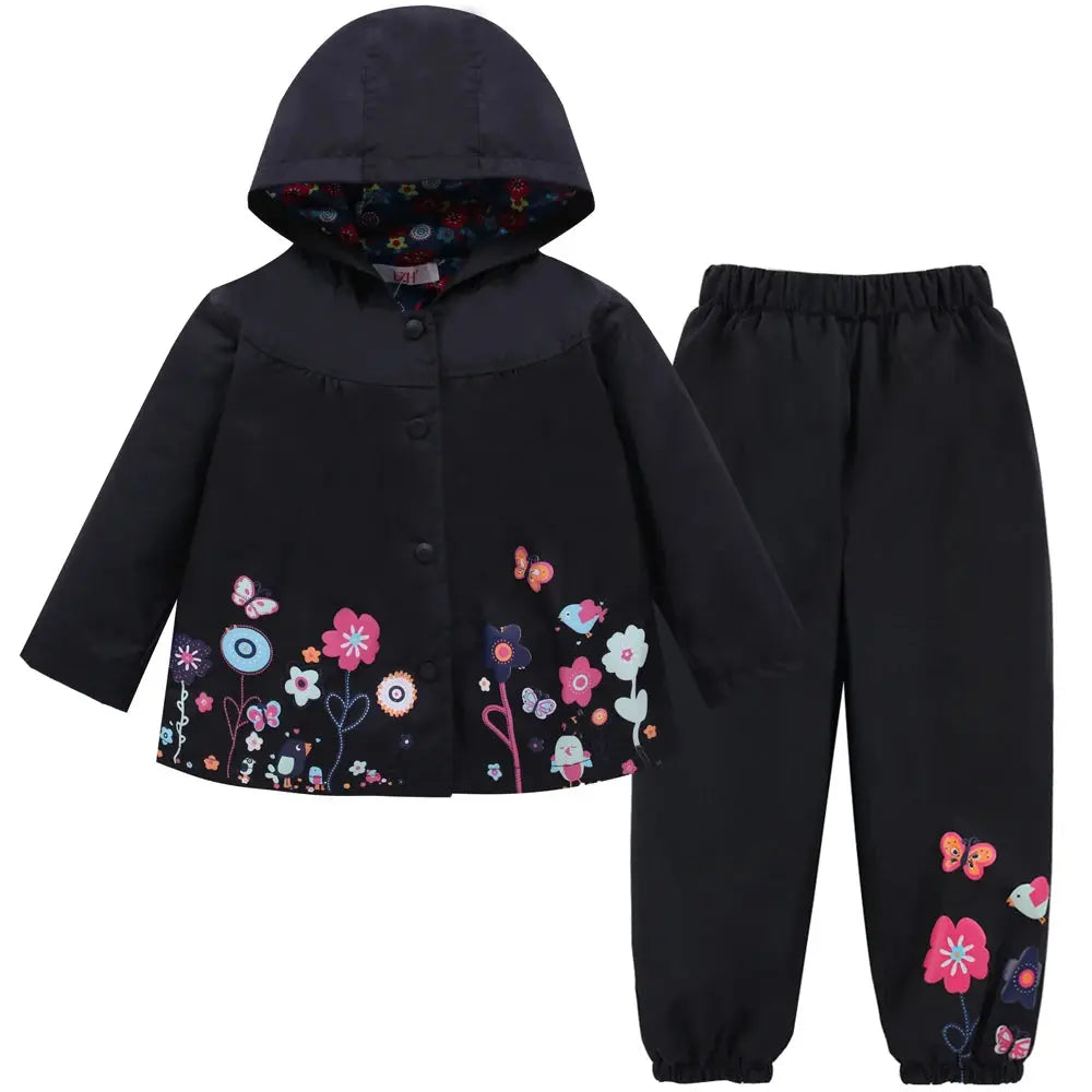 Autumn Spring Children Waterproof Long Sleeve Coat+Pants 2pcs Flower Print Baby Girls Clothes Toddler Boys Children Sets Costume Trikidsworld