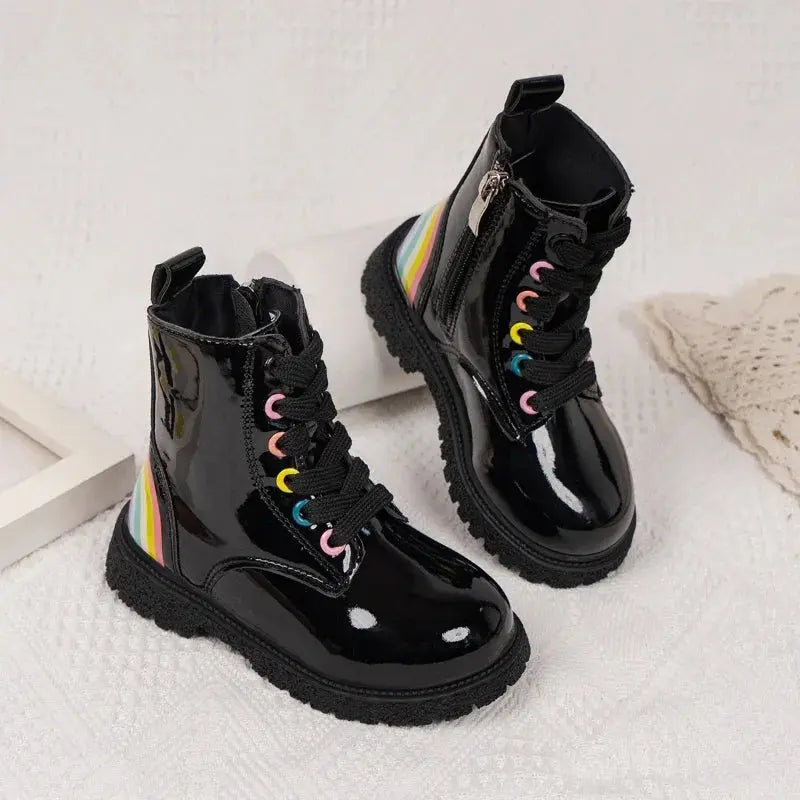 Kids Fashion Boots for Boys Girls 2024 Autumn Winter New Rainbow Color Rubber Boots Zipper Children Ankle Boots Black Glossy Hot Trikidsworld
