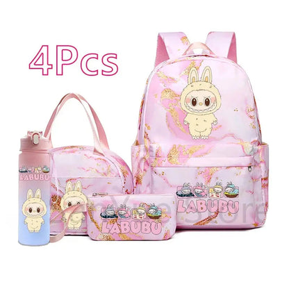 4Pcs/set Cute Cartoon Printed Backpack Lunch Bag Pencil Bag 750Ml Water Bottle Girl Student Large Capacity Waterproof Schoolbag Trikidsworld