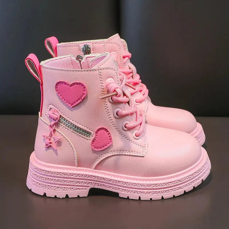 Girls Boots Kids Fashion Rubber Boots Cool Girl Autumn and Winter Cotton Soft Sole Pink with Love Side Zip Princess Round-toe PU Trikidsworld