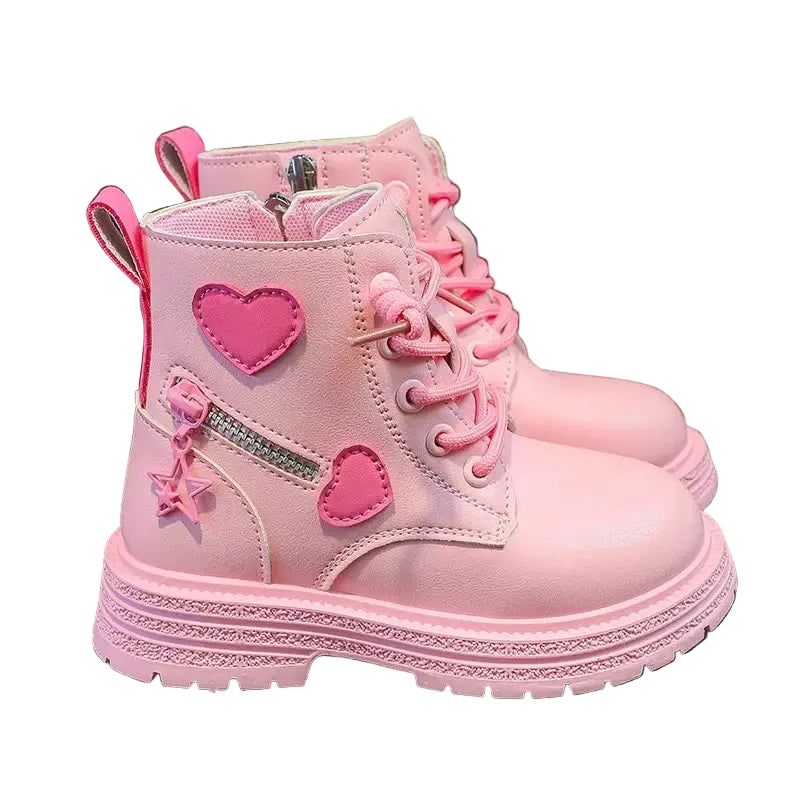 Girls Boots Kids Fashion Rubber Boots Cool Girl Autumn and Winter Cotton Soft Sole Pink with Love Side Zip Princess Round-toe PU Trikidsworld