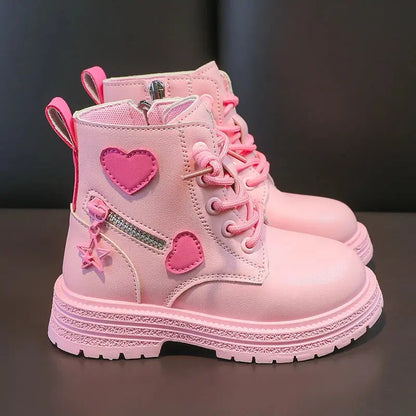 Girls Boots Kids Fashion Rubber Boots Cool Girl Autumn and Winter Cotton Soft Sole Pink with Love Side Zip Princess Round-toe PU Trikidsworld