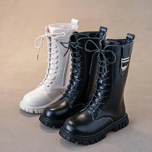 Elegant Zipper Baby Girl Casual Fashion Boots Autumn/winter Round Toe Warm Thick Sole Lace Comfortable Children's Midsole Boots Trikidsworld