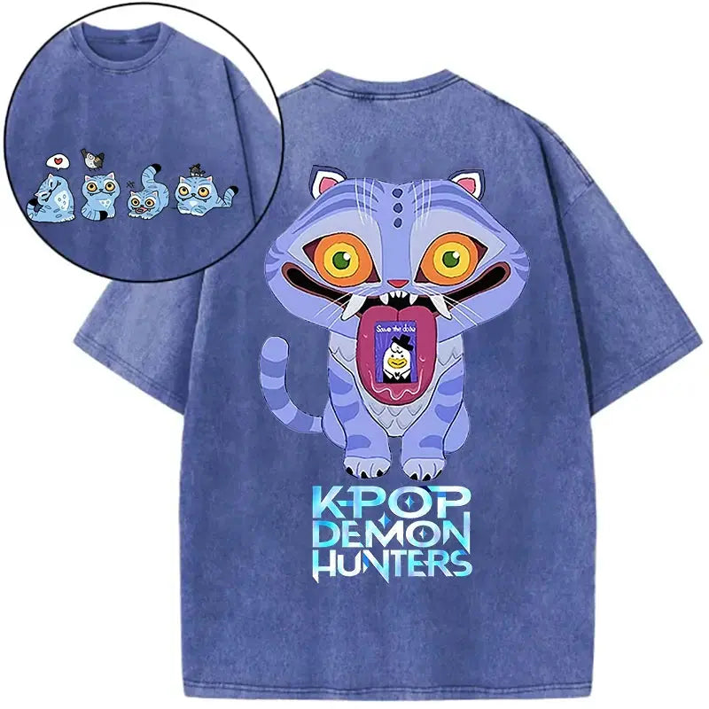 Derpy Tiger Kpop Demon Hunters Shirts for Women Cartoon Anime Washed Cotton Tee K-Pop Demon Hunters Tiger Harajuku T-shirt Tops Trikidsworld