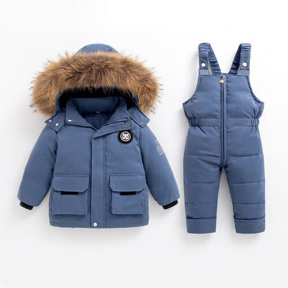 Kids' Winter Snowsuit Set with Faux Fur Hood – Jacket & Overalls