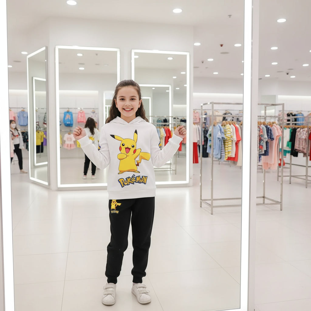 Pikachu Pokemon cartoon knitted hooded sweatshirt children's clothing set for boys and girls, two-piece top + pants set Trikidsworld