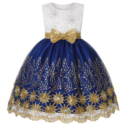 2025 Autumn and Winter new children's mesh gold sequins embroidered bow tie dress princess dress skirt wedding birthday Trikidsworld