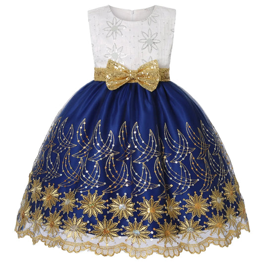 2025 Autumn and Winter new children's mesh gold sequins embroidered bow tie dress princess dress skirt wedding birthday Trikidsworld