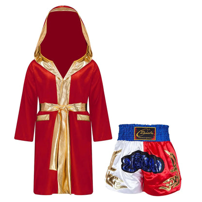 Kids Boys Boxing Outfit Halloween Cosplay Costume Long Sleeve Open Front Robe Satin Hooded Cloak with Belt Shorts Roleplay Sets Trikidsworld