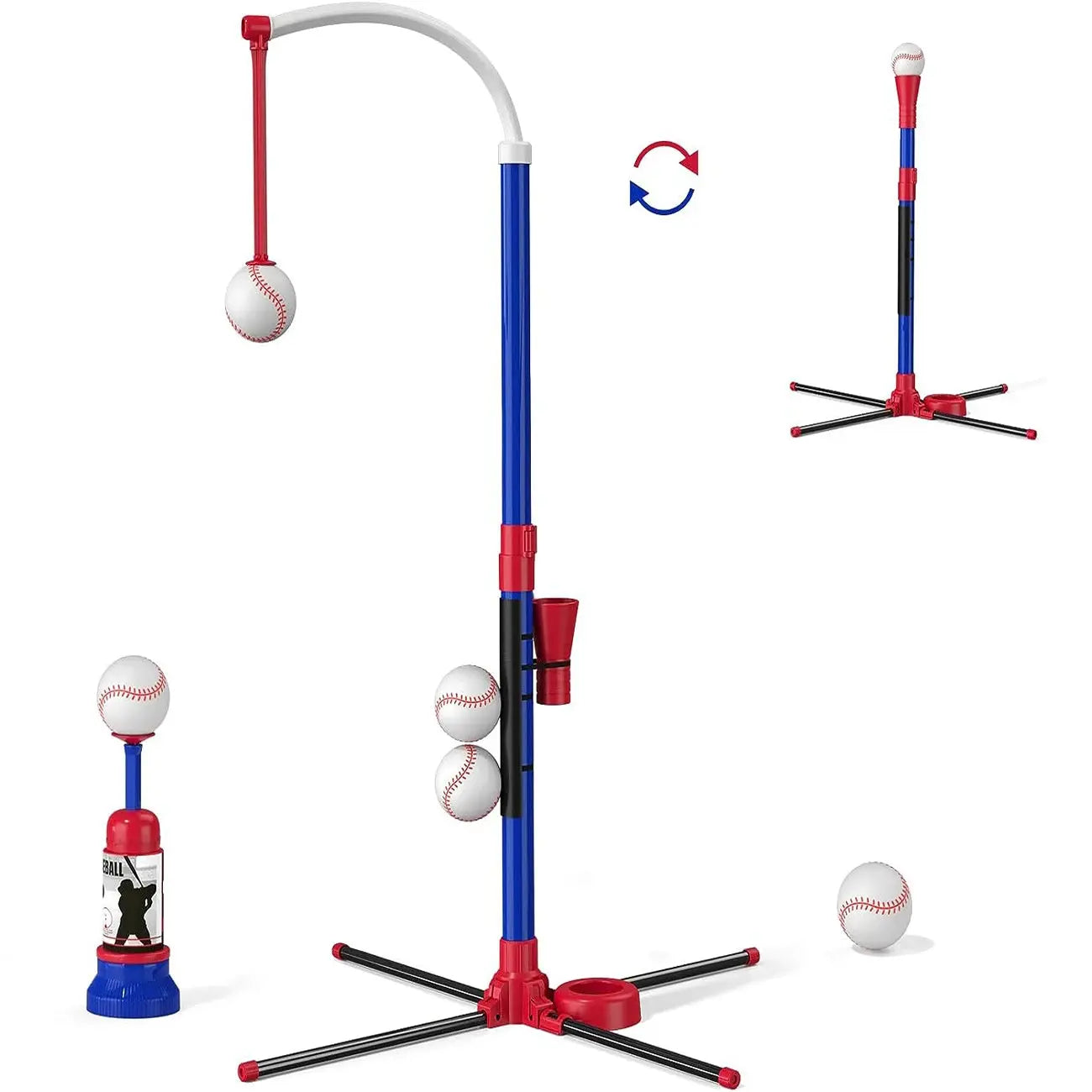 3-in-1 Kids Baseball Toy Set with Hanging Ball Stand/Standing T-Ball/Auto Launcher, Adjustable Height Toddler Baseball Set Trikidsworld