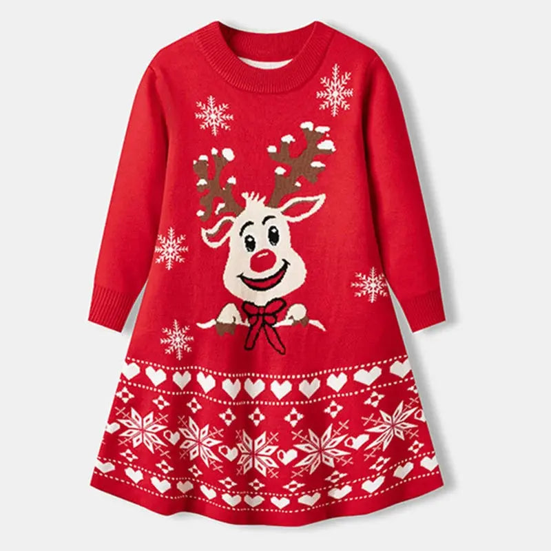 Christmas Deer Girls Fashion Autumn Winter Cute Knitted Sweater Christmas Long Sleeve Dress 2-6Yrs Children Party Sweet Clothing Trikidsworld