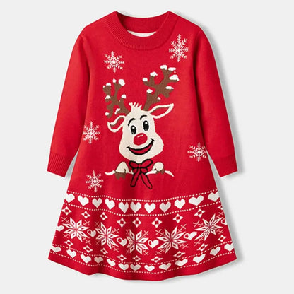 Christmas Deer Girls Fashion Autumn Winter Cute Knitted Sweater Christmas Long Sleeve Dress 2-6Yrs Children Party Sweet Clothing Trikidsworld