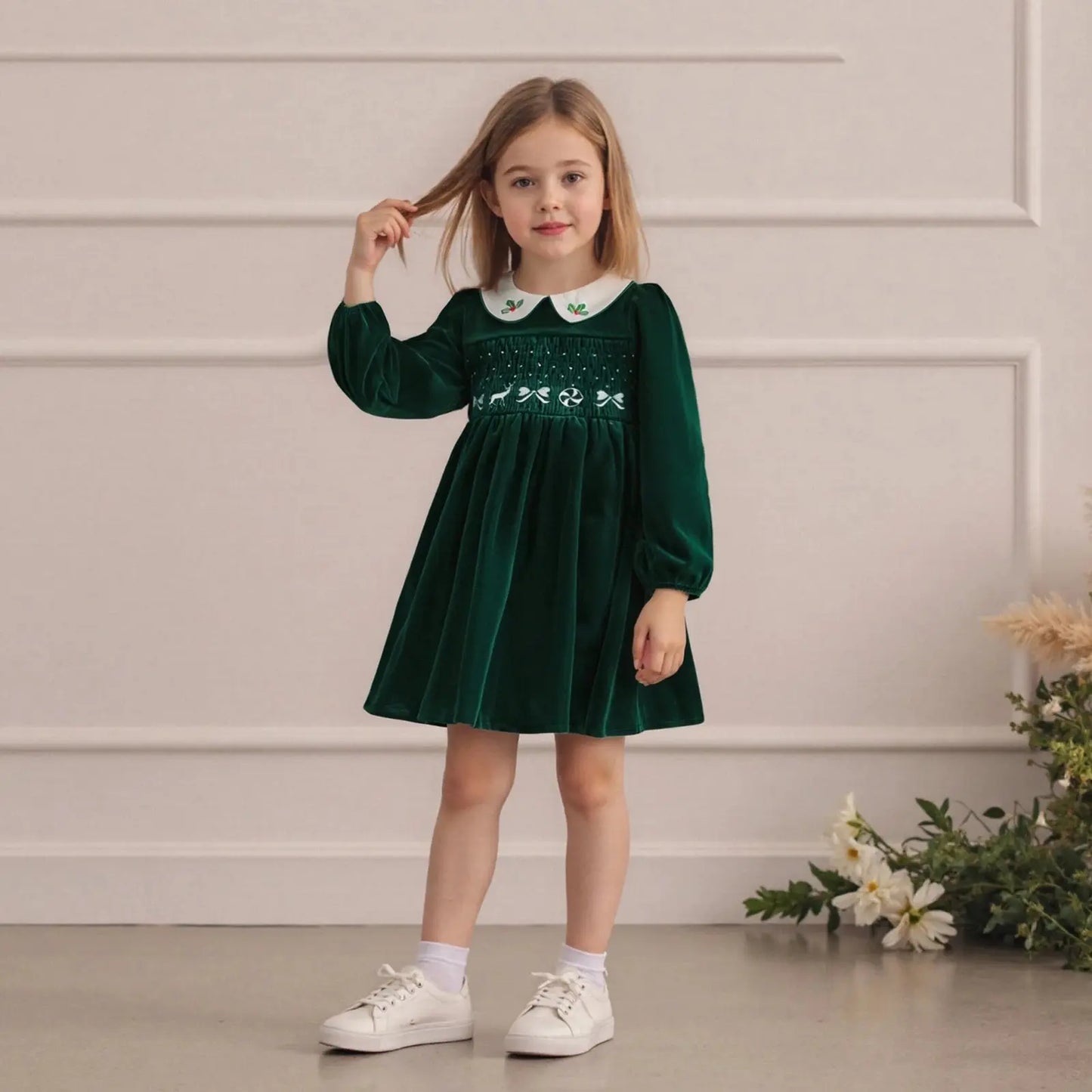 FOCUSNORM 1-7Y Little Kids Girls Velvet Christmas Dress Deer Bow Holly Embroidered Smocked Long Sleeve Doll Collar A-Line Dress Trikidsworld