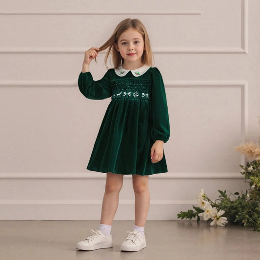FOCUSNORM 1-7Y Little Kids Girls Velvet Christmas Dress Deer Bow Holly Embroidered Smocked Long Sleeve Doll Collar A-Line Dress Trikidsworld