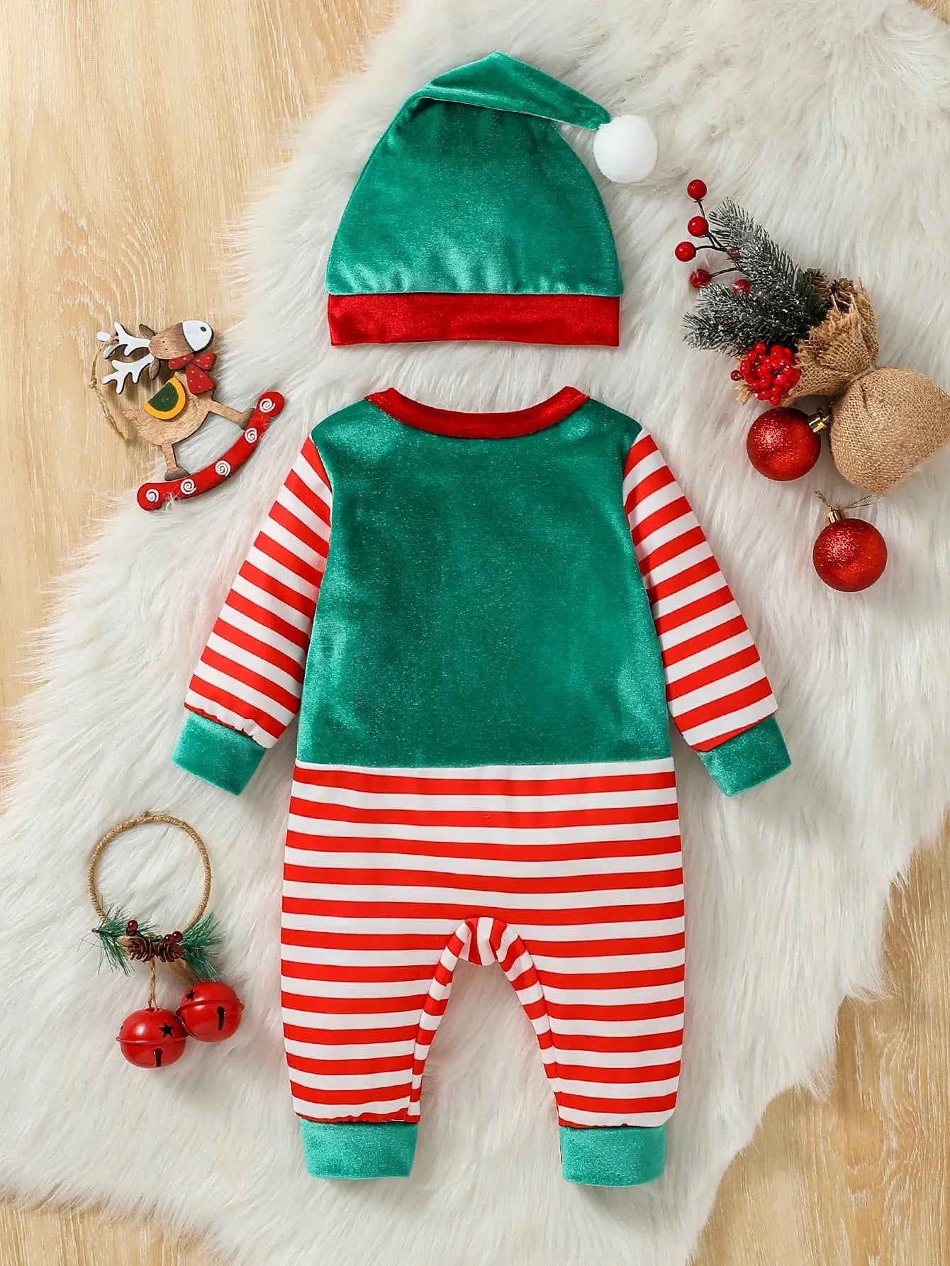 2Pcs Christmas Baby unisex Jumpsuit Newborn Cute  Striped Clothes Autumn Winter Boys Girls Round Neck Long Sleeve Bodysuit+Hat Trikidsworld