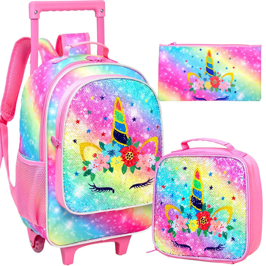 Rolling Backpack Set 4PCS – Sparkle & Convenience for Girls Trikidsworld