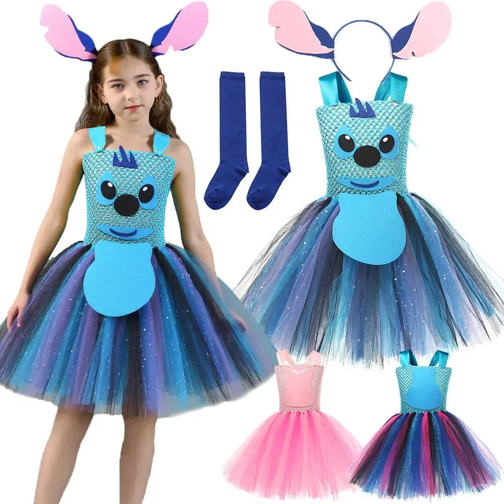 Movie Girls Alien Dog Costume Cartoon Blue Tulle Festival Dress Lilo Tutu Dress Maia Kealaha  Live-action Character Dress Up Trikidsworld