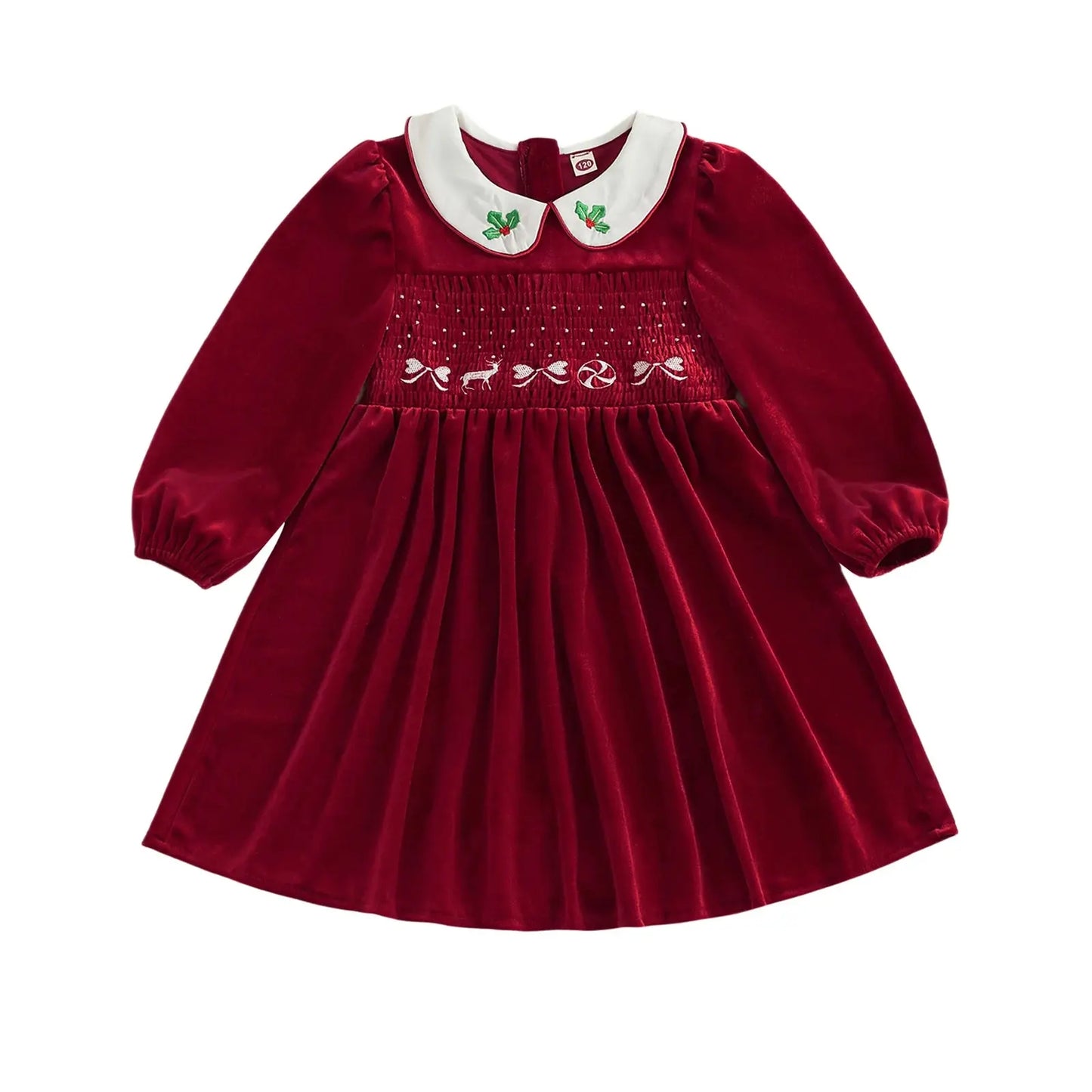 FOCUSNORM 1-7Y Little Kids Girls Velvet Christmas Dress Deer Bow Holly Embroidered Smocked Long Sleeve Doll Collar A-Line Dress Trikidsworld