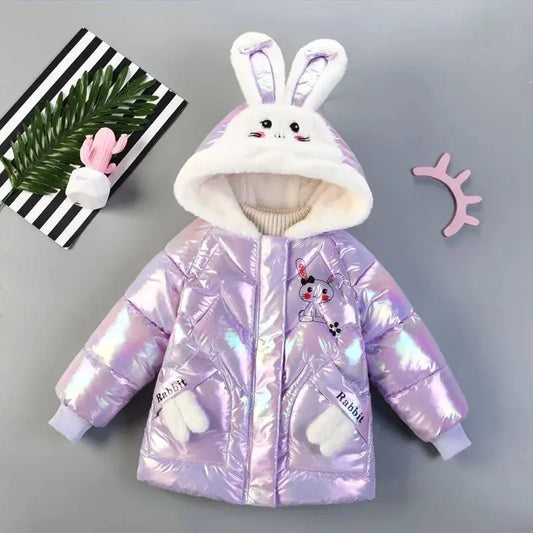 2025 Winter Jacket For Girls Coat Cute Rabbit Ears Waterproof Shiny Hooded Children Outerwear 1-6 Year Baby Kids Parkas Snowsuit Trikidsworld